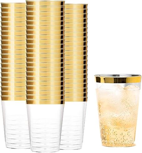 Tebery 100 Pack Gold Rimmed Plastic Cups, 12oz Clear Plastic Wedding Cups for Reception, Sturdy Disposable Elegant Party Tumblers Cups for Picnic, BBQ, Travel, Christmas, Events in Saudi Arabia