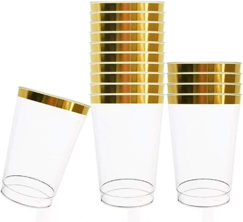 Tebery 100 Pack Gold Rimmed Plastic Cups, 12oz Clear Plastic Wedding Cups for Reception, Sturdy Disposable Elegant Party Tumblers Cups for Picnic, BBQ, Travel, Christmas, Events in Saudi Arabia