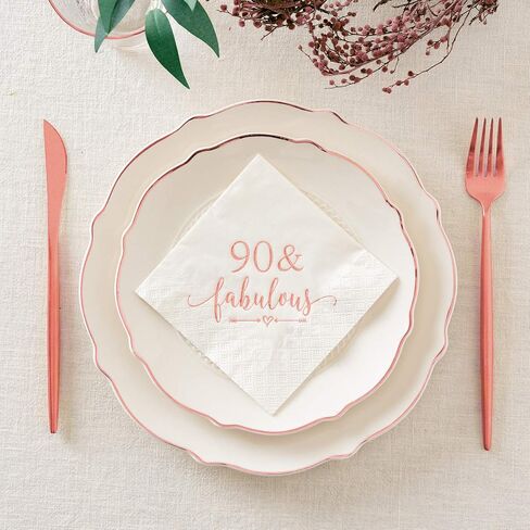 Crisky 90 and Fabulous Cocktail Napkins Rose Gold for Women 90th Birthday Decorations, 90th Birthday Bevergae Dessert Cake Table Supplies, 50Pcs, 3-Ply in Saudi Arabia