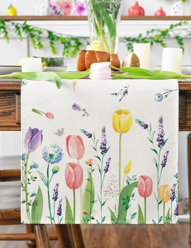Floral Table Runner 13"x72" Linen Cabinet Cover Off-white Cloth Tulip Lavender Dandelions, Watercolor Wildflowers Printed Table Shoulder, Decor for Kitchen, Dining, Living and Bedrooms in Saudi Arabia