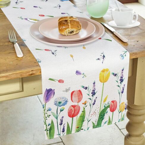 Floral Table Runner 13"x72" Linen Cabinet Cover Off-white Cloth Tulip Lavender Dandelions, Watercolor Wildflowers Printed Table Shoulder, Decor for Kitchen, Dining, Living and Bedrooms in Saudi Arabia