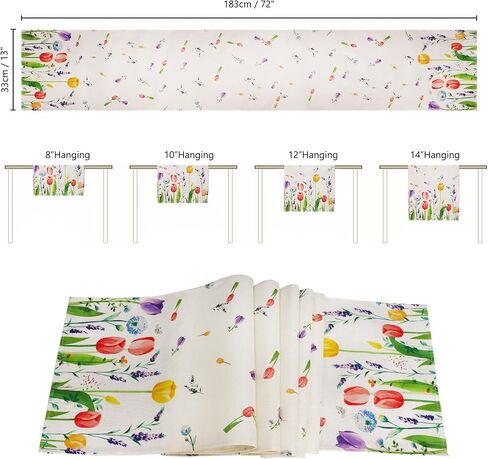 Floral Table Runner 13"x72" Linen Cabinet Cover Off-white Cloth Tulip Lavender Dandelions, Watercolor Wildflowers Printed Table Shoulder, Decor for Kitchen, Dining, Living and Bedrooms in Saudi Arabia