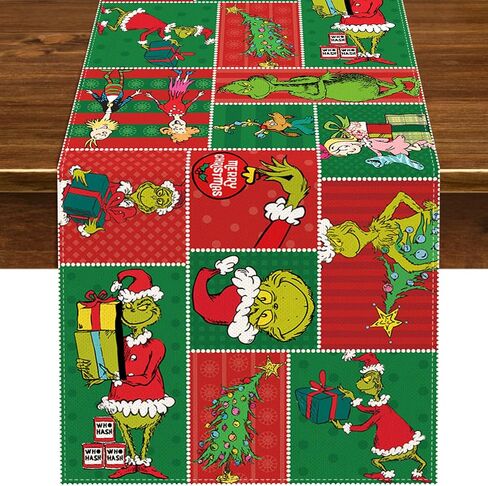 مفرش طاولة Nepnuser Merry Grinchmas زينة عيد الميلاد باللون الأخضر على شكل قزم مستلزمات حفلات الشتاء والعطلات المنزلية والمطبخ وغرفة الطعام (13 بوصة × 72 بوصة) in Saudi Arabia