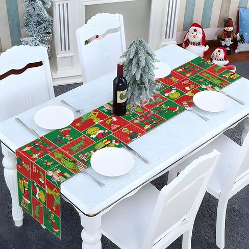 مفرش طاولة Nepnuser Merry Grinchmas زينة عيد الميلاد باللون الأخضر على شكل قزم مستلزمات حفلات الشتاء والعطلات المنزلية والمطبخ وغرفة الطعام (13 بوصة × 72 بوصة) in Saudi Arabia