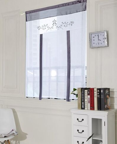 ZebraSmile Lifable Voile Floral Bowknot Ribbon Tie Up Roman Curtain Rod Pocket Curtain Balloon Curtain Semi Sheer Kitchen Balloon Window Curtain, Cartoon, 24 x 47.5 Inch, Gray in Saudi Arabia