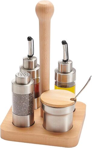 Cruet Set – 5PCS Stainless Steel & Plastic Oil Vinegar Salt Pepper Condiment Dispensers Set, Wood Caddy Organizer Storage Stand, Jar with Spoon for Spices, Sauces, Condiment Storage in Kuwait