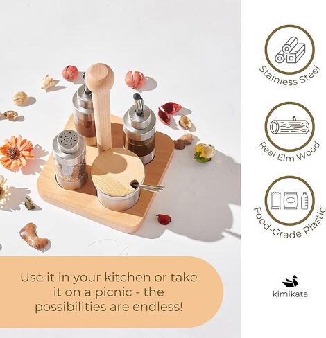 Cruet Set – 5PCS Stainless Steel & Plastic Oil Vinegar Salt Pepper Condiment Dispensers Set, Wood Caddy Organizer Storage Stand, Jar with Spoon for Spices, Sauces, Condiment Storage in Kuwait