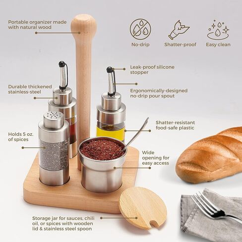 Cruet Set – 5PCS Stainless Steel & Plastic Oil Vinegar Salt Pepper Condiment Dispensers Set, Wood Caddy Organizer Storage Stand, Jar with Spoon for Spices, Sauces, Condiment Storage in Kuwait