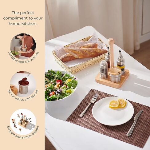 Cruet Set – 5PCS Stainless Steel & Plastic Oil Vinegar Salt Pepper Condiment Dispensers Set, Wood Caddy Organizer Storage Stand, Jar with Spoon for Spices, Sauces, Condiment Storage in Kuwait