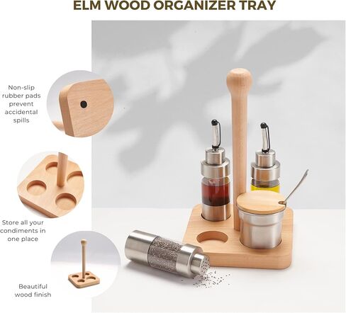 Cruet Set – 5PCS Stainless Steel & Plastic Oil Vinegar Salt Pepper Condiment Dispensers Set, Wood Caddy Organizer Storage Stand, Jar with Spoon for Spices, Sauces, Condiment Storage in Kuwait