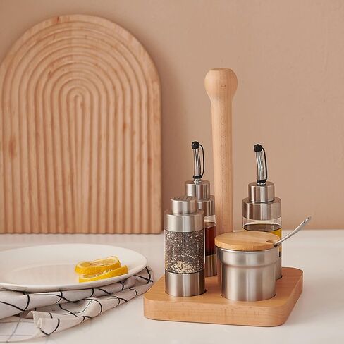 Cruet Set – 5PCS Stainless Steel & Plastic Oil Vinegar Salt Pepper Condiment Dispensers Set, Wood Caddy Organizer Storage Stand, Jar with Spoon for Spices, Sauces, Condiment Storage in Kuwait
