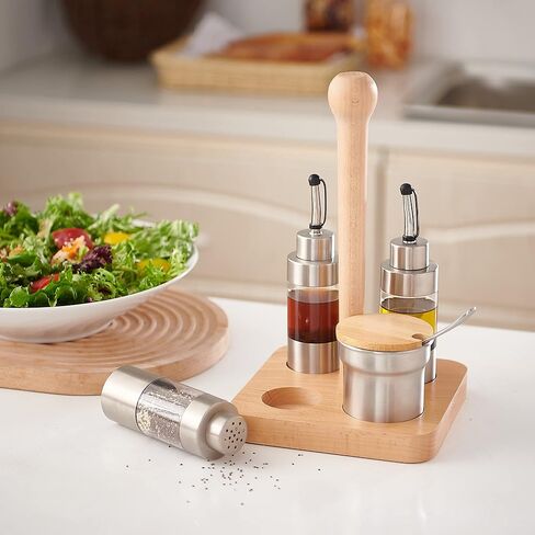Cruet Set – 5PCS Stainless Steel & Plastic Oil Vinegar Salt Pepper Condiment Dispensers Set, Wood Caddy Organizer Storage Stand, Jar with Spoon for Spices, Sauces, Condiment Storage in Kuwait