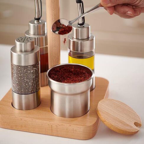Cruet Set – 5PCS Stainless Steel & Plastic Oil Vinegar Salt Pepper Condiment Dispensers Set, Wood Caddy Organizer Storage Stand, Jar with Spoon for Spices, Sauces, Condiment Storage in Kuwait