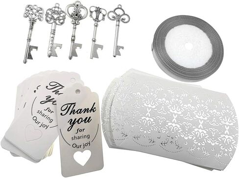 Wedding Party Favor Set,Skeleton Key Bottle Openers Candy Boxes Escort Tags and Jute Rope Souvenir Gift Set(Red Copper Tone,50 sets with 5 Styles) in Saudi Arabia