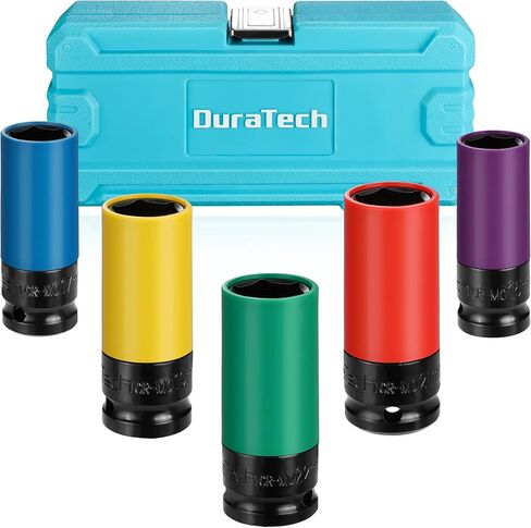 DURATECH 1/2 Wheel Protector Impact Socket Set, Lug Nut Sockets With Non-Marring Protective Sleeve, 15 17 19 21 22 mm Metric Sockets, CR-MO Alloy, Color-Coded, Great Gifts in Saudi Arabia