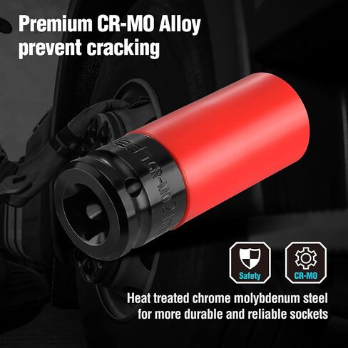 DURATECH 1/2 Wheel Protector Impact Socket Set, Lug Nut Sockets With Non-Marring Protective Sleeve, 15 17 19 21 22 mm Metric Sockets, CR-MO Alloy, Color-Coded, Great Gifts in Saudi Arabia