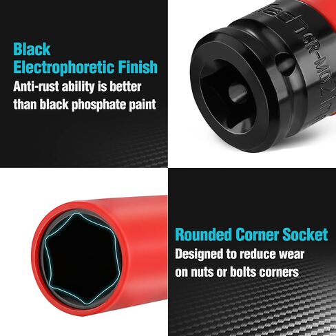 DURATECH 1/2 Wheel Protector Impact Socket Set, Lug Nut Sockets With Non-Marring Protective Sleeve, 15 17 19 21 22 mm Metric Sockets, CR-MO Alloy, Color-Coded, Great Gifts in Saudi Arabia