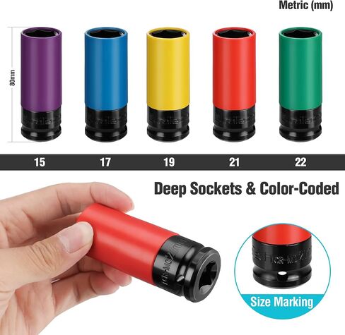 DURATECH 1/2 Wheel Protector Impact Socket Set, Lug Nut Sockets With Non-Marring Protective Sleeve, 15 17 19 21 22 mm Metric Sockets, CR-MO Alloy, Color-Coded, Great Gifts in Saudi Arabia