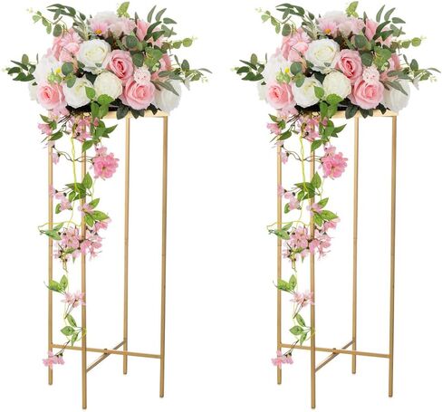 قطع مركزية لحفلات الزفاف الذهبية للطاولات - قطعتان من حامل الزهور المعدنية، مزهريات طويلة 31.5 بوصة للقطع المركزية، حامل مزهرية زهور مركزية هندسية لتزيين الزفاف، الحدث، المنزل in Kuwait