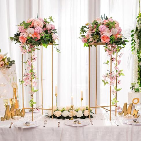 قطع مركزية لحفلات الزفاف الذهبية للطاولات - قطعتان من حامل الزهور المعدنية، مزهريات طويلة 31.5 بوصة للقطع المركزية، حامل مزهرية زهور مركزية هندسية لتزيين الزفاف، الحدث، المنزل in Kuwait