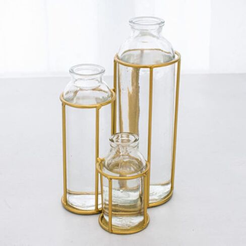 Flower Vases with 3 Bottle Crystal Clear Glass Flower Vase with Metal Stand Propagation Station Plant Display Holder Set for Home or Wedding Décor in Saudi Arabia