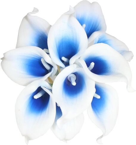 باقة زهور صناعية مكونة من 10 رؤوس PU Reach Touch Calla Lily (أزرق مخضر داكن باللون الأبيض) in Kuwait