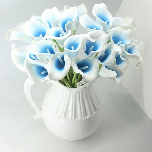 باقة زهور صناعية مكونة من 10 رؤوس PU Reach Touch Calla Lily (أزرق مخضر داكن باللون الأبيض) in Kuwait