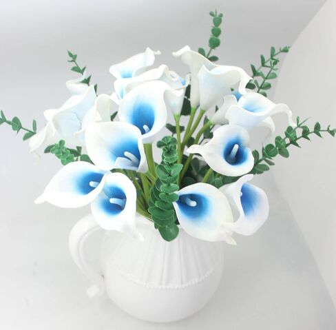 باقة زهور صناعية مكونة من 10 رؤوس PU Reach Touch Calla Lily (أزرق مخضر داكن باللون الأبيض) in Kuwait
