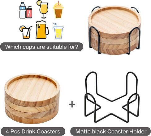 Solid Wooden Coasters for Drinks with Holder,Coasters for Coffee Table,4 Pcs Coaster, Office Decor,Tabletop Protection for Any Table Type,4 Inches in Saudi Arabia