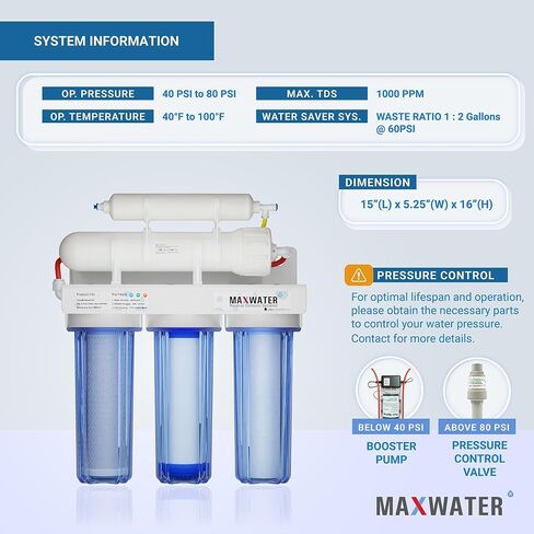 Max Water 5 Stage 100 GPD (Gallon Per Day) RO (Reverse Osmosis) Standard Water Filtration System for Heavy Duty - Under-Sink/Wall Mount - Model: RO-5C2 in Saudi Arabia