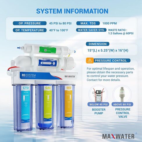 Max Water 5 Stage 100 GPD (Gallon Per Day) RO (Reverse Osmosis) Standard Water Filtration System for Heavy Duty - Under-Sink/Wall Mount - Model: RO-5C2 in Saudi Arabia