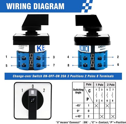 مفتاح تحويل دوار KEYMOO 20A، 3 مواضع 2 مراحل 8 محطات، مفتاح محدد عالمي ON-Off-ON 2-Way، مفتاح Cam 20/D202.2 in Saudi Arabia