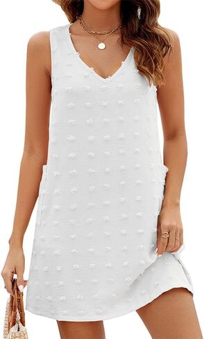 IHOT Women's Casual Summer Sun Dresses Swiss Polka Dot Beach Cover Up V Neck Sleeveless Tank Dress with Pockets in Kuwait