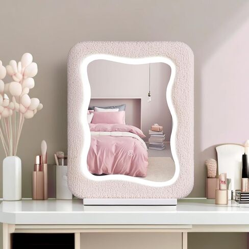 YOSHOOT LED Vanity Mirror with Lights for Makeup Desk, 20 x 16 Inches Make Up Wavy Mirror, Lighted Makeup Mirror, Light Up Mirror for Bedroom, Irregular Shape, Flannel Wrapped Wooden Frame in Saudi Arabia