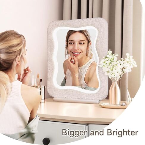 YOSHOOT LED Vanity Mirror with Lights for Makeup Desk, 20 x 16 Inches Make Up Wavy Mirror, Lighted Makeup Mirror, Light Up Mirror for Bedroom, Irregular Shape, Flannel Wrapped Wooden Frame in Saudi Arabia