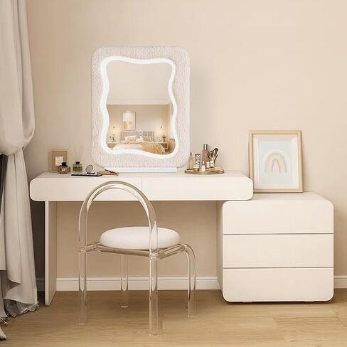 YOSHOOT LED Vanity Mirror with Lights for Makeup Desk, 20 x 16 Inches Make Up Wavy Mirror, Lighted Makeup Mirror, Light Up Mirror for Bedroom, Irregular Shape, Flannel Wrapped Wooden Frame in Saudi Arabia