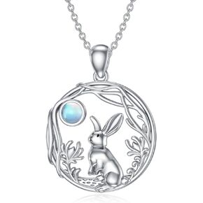 Bunny Necklace 925 Sterling Silver Rabbit And Moon Pendant Necklace Moonstone Rabbit Necklace Cute Bunny Pendant Animal Jewelry Gifts for Women Girls