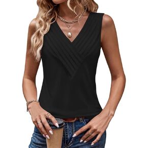 Womens V Neck Tank Tops Loose Fit Pleated Work Dressy Casual Tanks Summer Sleeveless Shirts