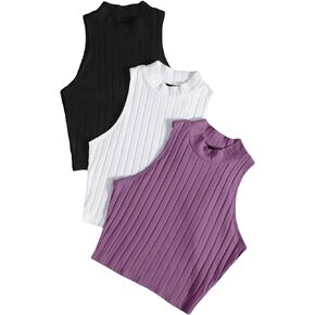 Floerns Women's Plus Size 3 Pcs Sleeveless Rib Knit Mock Neck Crop Tank Top