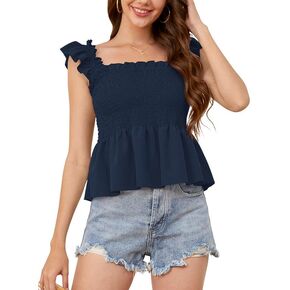 Clarisbelle Women's Summer Smocked Tank Tops Smocked Ruffle Crop Sleeveless Boho Tee T-Shirt