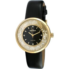 Peugeot Women Round Dress Watch - Slim Thin Case with Floating Genuine Diamond CZ and Leather Strap