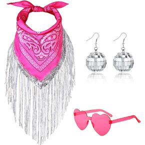 DAJOOEE Fringe Rhinestone Bandana with Heart Sunglasses & Disco Ball Earrings, Disco Cowgirl Bachelorette Bandanas for Women