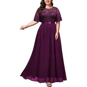 Miusol Women's Plus Size Sequin Lace Round Neck Butterfly Sleeves Formal Evening Maxi Dress