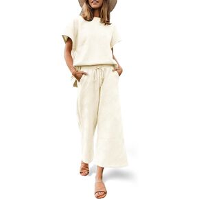 Fazortev Womens 2 Piece Outfits Short Sleeve Tops and Drawstring Waist Cropped Pants Loungewear