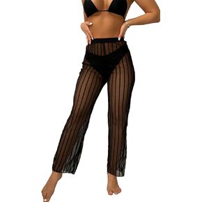 SHENHE Women's Sheer Swim Cover Up Striped Beach Pants Bathing Suit Cover Up Pants