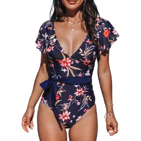 CUPSHE Women V Neck Ruffle One Piece Swimsuit Floral Print Bathing Suit with Removed Waist Tie