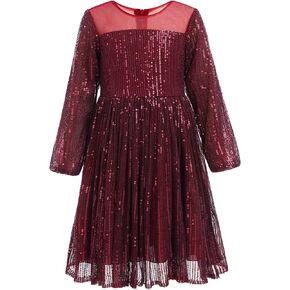 ODIZLI Girl Long Sleeve A-Line Sequin Dress Party Sparkle Dress