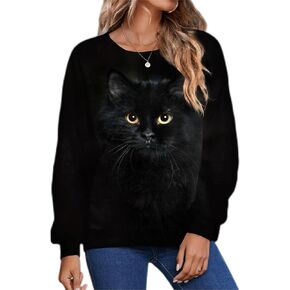 Women's Black Cute Cat Sweatshirts Pullover Crewneck Lightweight shirts Novelty Casual Tunics Tops Fashion Spring