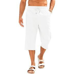 PASLTER Men's Linen Capri Pants Casual Lightweight 3/4 Pants Elastic Waist Drawstring Beach Yoga Shorts with Pockets