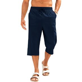 PASLTER Men's Linen Capri Pants Casual Lightweight 3/4 Pants Elastic Waist Drawstring Beach Yoga Shorts with Pockets